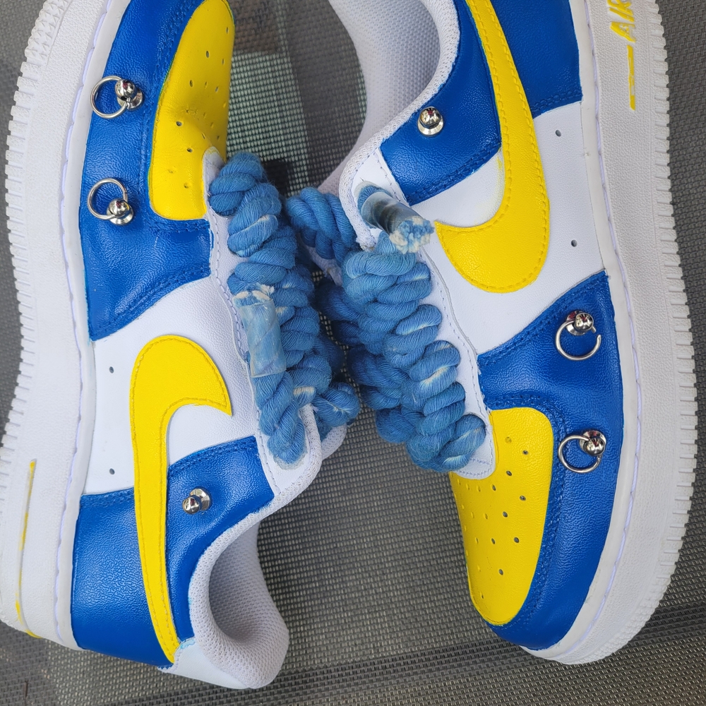 🔥 Custom Nike Air Force 1 • Size 6.5 • Blue + Yellow • Rope Laces • EUC 🔥 - Picture 2 of 10